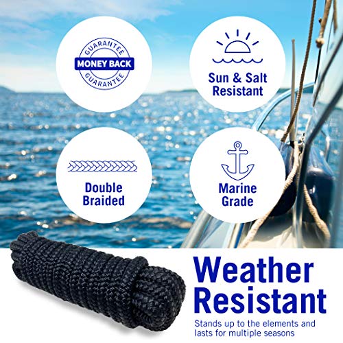 Better Boat Dock Lines Boat Ropes for Docking, 3/8" Double Braided Mooring Marine Rope, 15ft Nylon Rope with Loop, Black, 4 Pack - Image 3