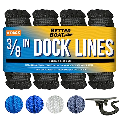 Better Boat Dock Lines Boat Ropes for Docking, 3/8" Double Braided Mooring Marine Rope, 15ft Nylon Rope with Loop, Black, 4 Pack - Image 1