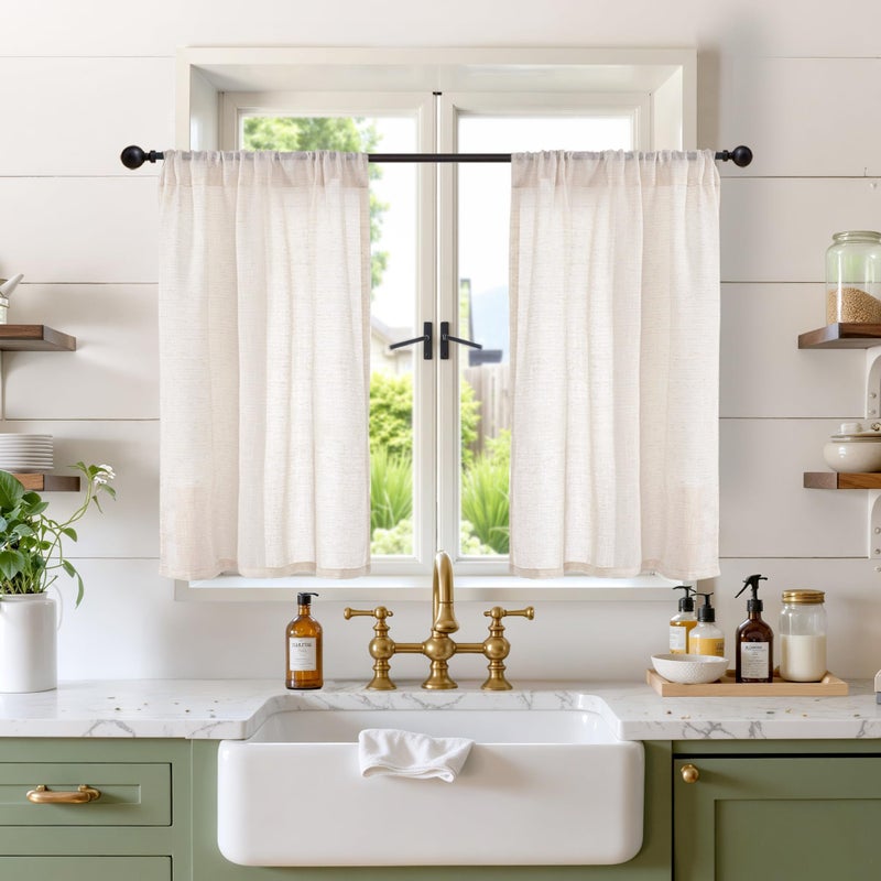 BGment 36 Inch Length Oatmeal Linen Curtains for Kitchen Window - Small Half Drapes Light Filtering Semi Sheer Natural Textured with Rod Pocket for Cafe Bathroom, 2 Panels Set, 30 X 36 Inch - Image 1