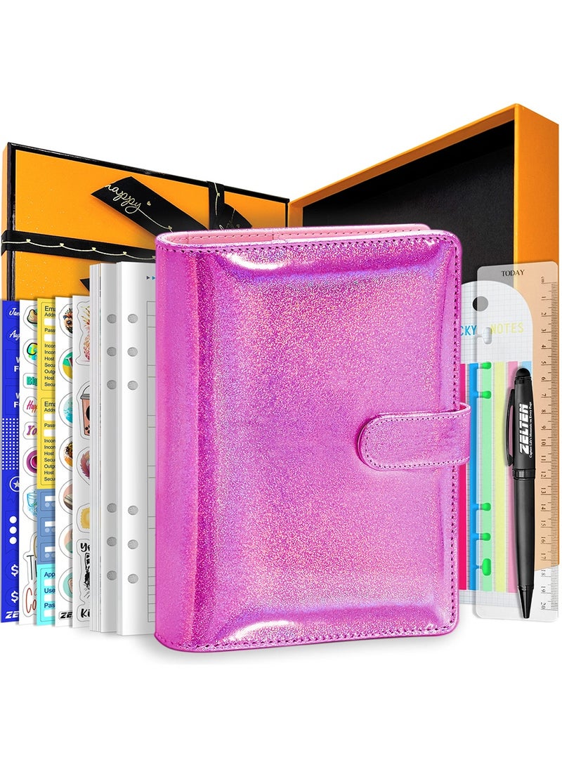 Zelten PU Leather Personal Notebook Planner with 67 Pages Loose-Leaf Papers 6 Holes Ring Binder Pen Holder Magnetic Buckle  (Magenta Glitter) - Image 1