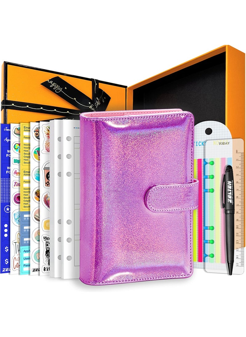 Zelten PU Leather Personal Notebook Planner with 67 Pages Loose-Leaf Papers 6 Holes Ring Binder Pen Holder Magnetic Buckle  (Magenta Glitter) - Image 2