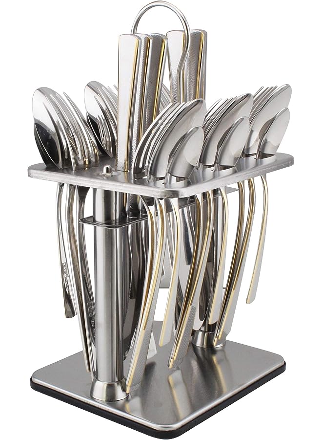 Berger 24 Piece Silverware Flatware Cutlery Set with Square Stand, Stainless Steel Includes 6 Knife, 6 Fork, 6 Tea Spoon, 6 Dinner Spoon, Mirror Polished, Dishwasher Safe - Image 1