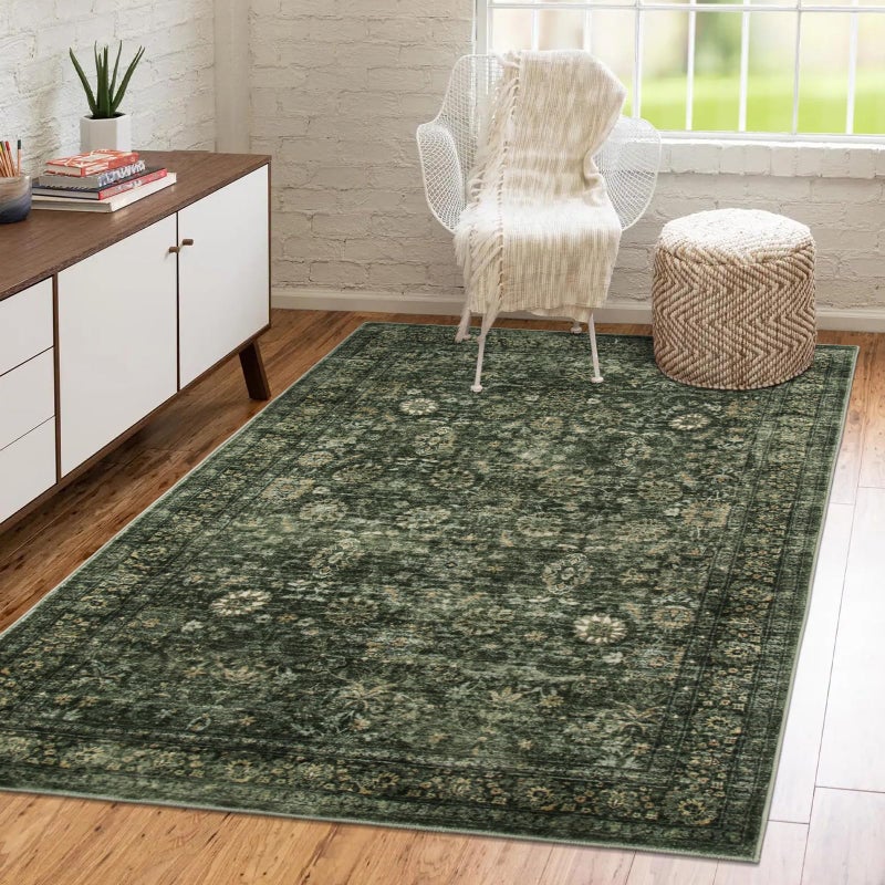 Morebes Area Rug 4x6 Vintage Washable Boho Rugs for Bedroom  Soft Living Room Carpet Non-Slip Non-Shedding Faux Wool Rug for Farmhouse Dining Room Indoor Kids Playroom  Dark Green - Image 5