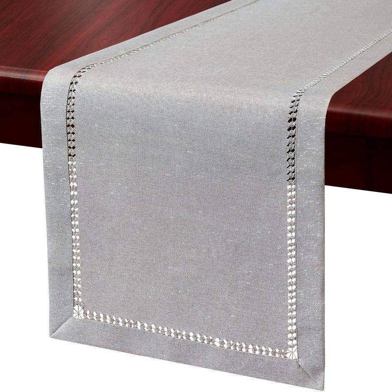 Grelucgo Hand Hemstitched Dining Table Runner Dresser Scarves Sliver Thread Interweaving Light Gray 14 x 72 Table Runners