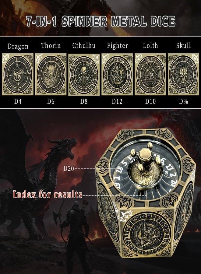 EZUO DND Hexagonal Spinner Dice Fidget, 7 in 1 Unique Metal D&D Dice Set with 3D Relief Design, Dungeons and Dragons Edged Polyhedral Dice for RPG and Tabletop Games (Bronze) - Image 2