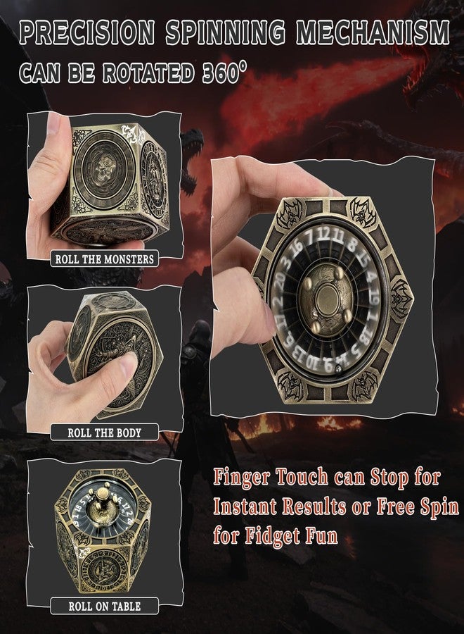 EZUO DND Hexagonal Spinner Dice Fidget, 7 in 1 Unique Metal D&D Dice Set with 3D Relief Design, Dungeons and Dragons Edged Polyhedral Dice for RPG and Tabletop Games (Bronze) - Image 3