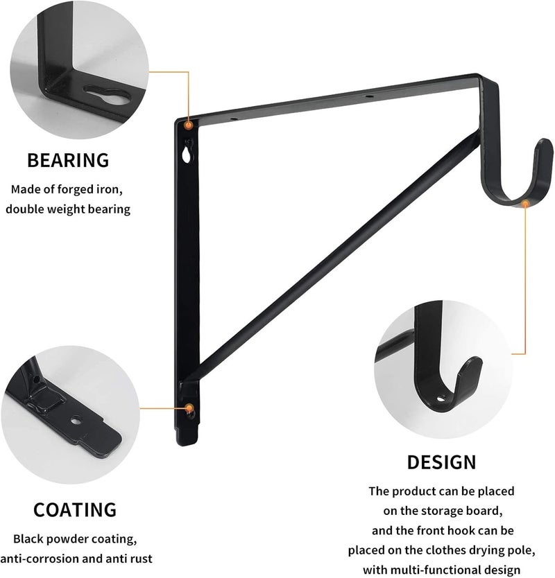 2FY2SW Kunzye 2 Pack Heavy Duty Closet Shelf & Rod Brackets, Black Steel, Wall Mount, Clothes Hanger Pole Support, Closet Shelves Bracket with Rod Shelving Support - Image 3
