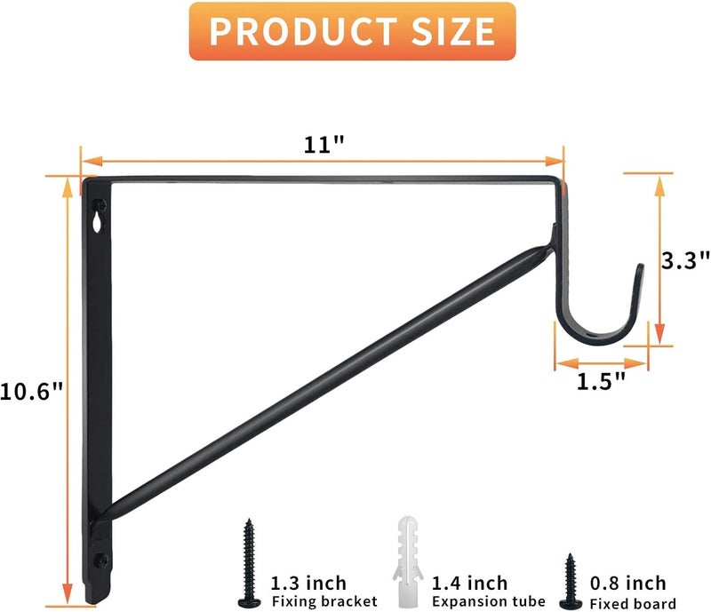2FY2SW Kunzye 2 Pack Heavy Duty Closet Shelf & Rod Brackets, Black Steel, Wall Mount, Clothes Hanger Pole Support, Closet Shelves Bracket with Rod Shelving Support - Image 2