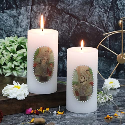 Floryn Decor Set Of 2 Printed Unscented Pillar Candles For Decoration Dinner Party Candles-Perfect Use For Home Decor-Spa Candle,Restaurant|Smokeless & Dripless(King & Queen With Pearl), Paraffin Wax - Image 2
