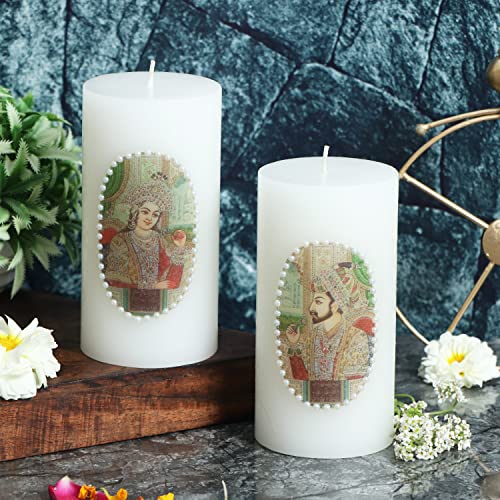 Floryn Decor Set Of 2 Printed Unscented Pillar Candles For Decoration Dinner Party Candles-Perfect Use For Home Decor-Spa Candle,Restaurant|Smokeless & Dripless(King & Queen With Pearl), Paraffin Wax - Image 4