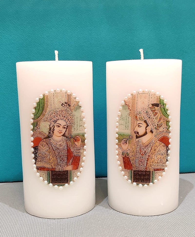 Floryn Decor Set Of 2 Printed Unscented Pillar Candles For Decoration Dinner Party Candles-Perfect Use For Home Decor-Spa Candle,Restaurant|Smokeless & Dripless(King & Queen With Pearl), Paraffin Wax - Image 1