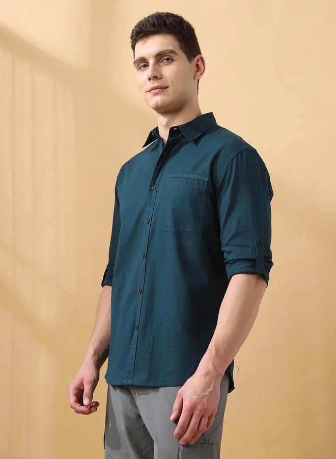 دينيس لينغو Men's Dark Green Cotton Blend Solid Pattern Button Down Regular FiT-Shirt
