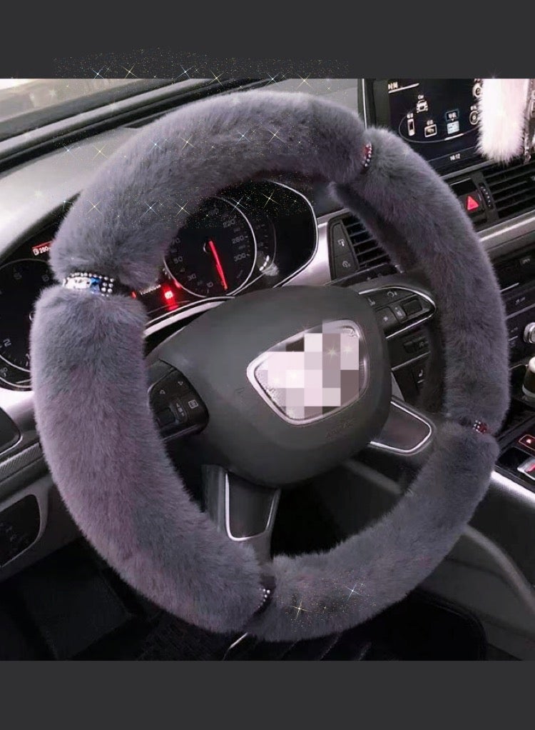 غطاء عجلة القيادة رقيق مع حجر الراين اللامع، غطاء عجلة القيادة للنساء والسيدات والفتيات، مناسب لمعظم السيارات مقاس 14.5 بوصة (37 سم) رمادي - Image 1