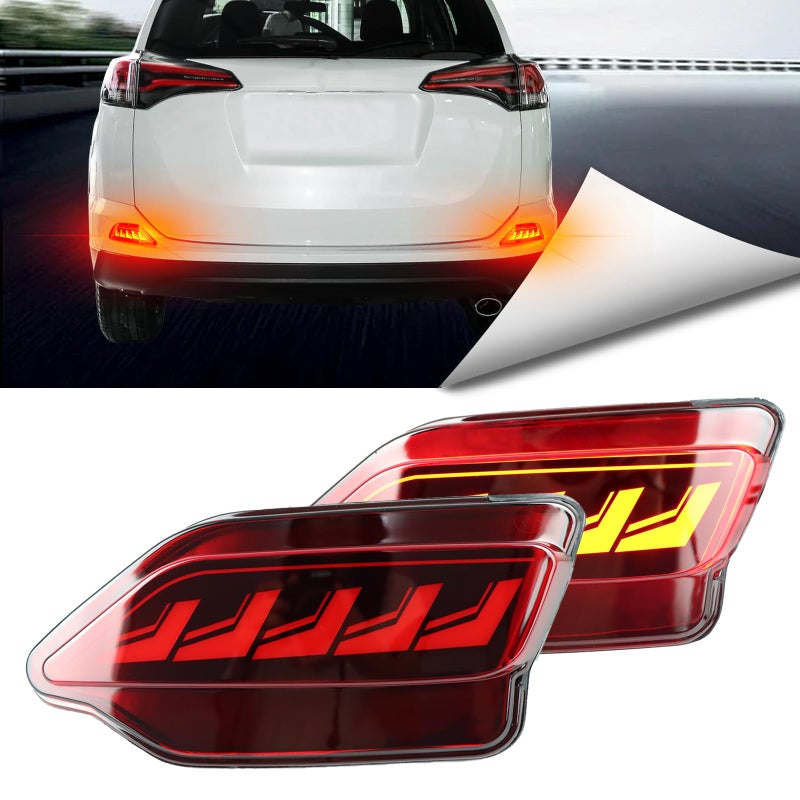 BINQIGOO 2Pc Full LED Rear Bumper Reflector Lights Kit for 2013 2014 2015 Toyota RAV4 Tail Lamp Brake Fog Lamps Daytime Running Light Turn Signal Lamp Accessories Red