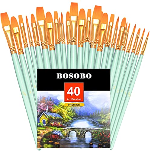 BOSOBO Paint Brushes Set, 4 Pack 40 Pcs Round Pointed Tip Paintbrushes Nylon Hair Artist Acrylic Paint Brushes for Acrylic Oil Watercolor, Face Nail Art, Miniature Detailing & Rock Painting, Green - Image 1