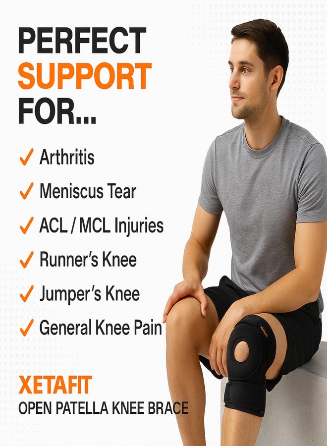 دعامة ركبة مفتوحة قابلة للتعديل من XETAFIT بتصميم متين مانع للانزلاق بثلاثة أحزمة | واقي ركبة لتخفيف آلام الركبة للرجال | دعامة ركبة للرجال في صالة الألعاب الرياضية ودعم للركبة للنساء لتخفيف آلام الركبة | نيوبرين مسامي، مقاس واحد (M-XL) للرياضة والتهاب المفاصل والتعافي من الإصابات (أسود) - Image 4