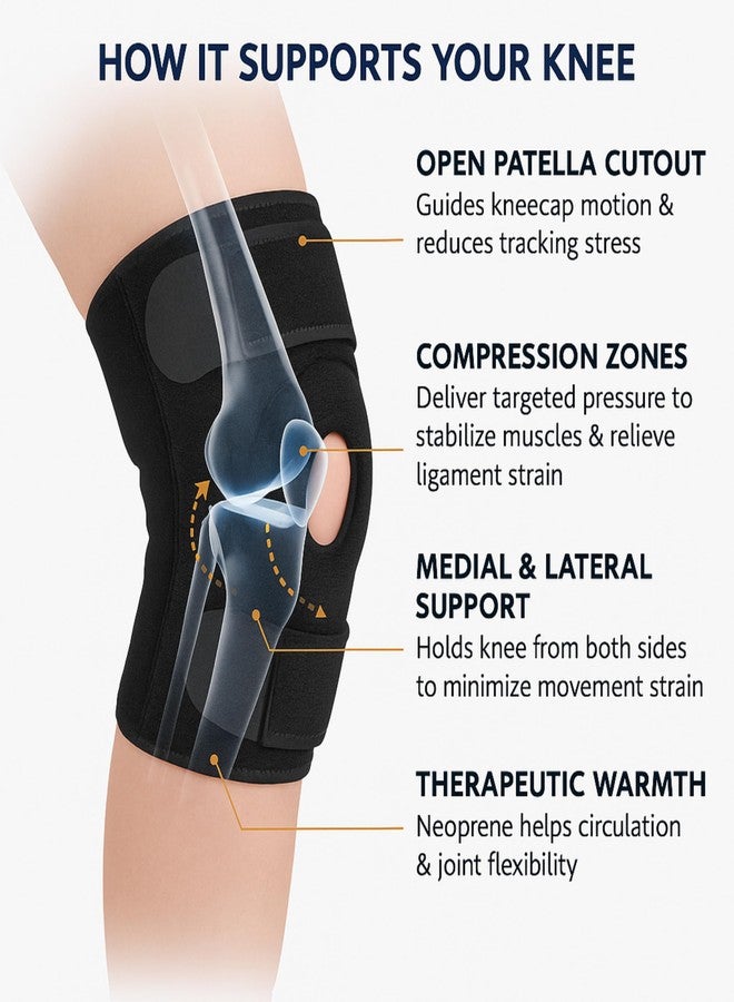 دعامة ركبة مفتوحة قابلة للتعديل من XETAFIT بتصميم متين مانع للانزلاق بثلاثة أحزمة | واقي ركبة لتخفيف آلام الركبة للرجال | دعامة ركبة للرجال في صالة الألعاب الرياضية ودعم للركبة للنساء لتخفيف آلام الركبة | نيوبرين مسامي، مقاس واحد (M-XL) للرياضة والتهاب المفاصل والتعافي من الإصابات (أسود) - Image 2