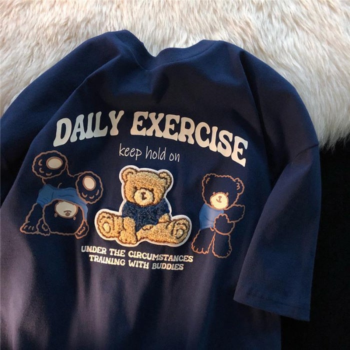 8677# Cotton Bag Collar Flocking Printing Towel Embroidered Milk Department Cute Bear Design Sense Short Sleeve T-Shirt Round Neck Black - Image 2