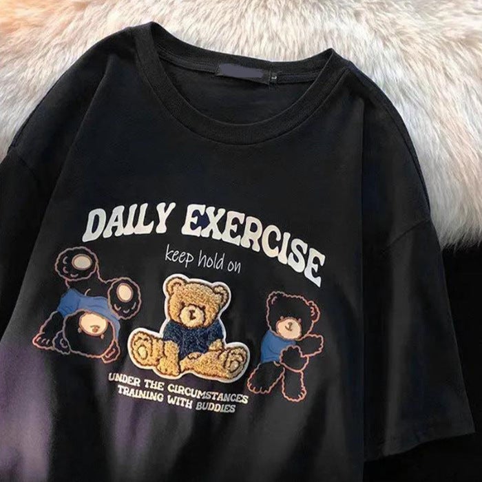 8677# Cotton Bag Collar Flocking Printing Towel Embroidered Milk Department Cute Bear Design Sense Short Sleeve T-Shirt Round Neck Black - Image 1
