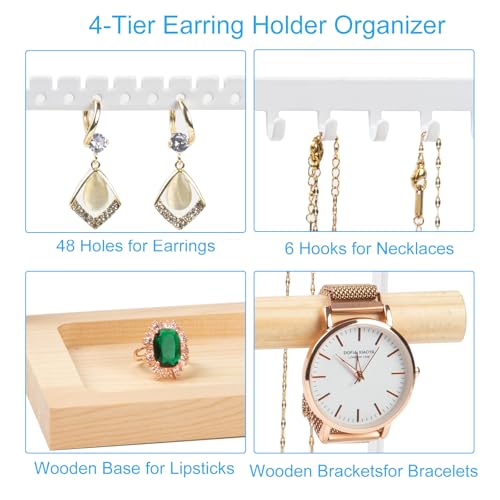lengnoyp Jewelry Organizer Stand, Jewelry Holder, Lengnoy 4 Tier Earring Holder with 48 Holes and 6 Hooks Necklace Organizer Wood Box for Necklace Bracelet Earring Ring, White - Image 5