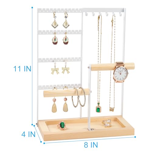 lengnoyp Jewelry Organizer Stand, Jewelry Holder, Lengnoy 4 Tier Earring Holder with 48 Holes and 6 Hooks Necklace Organizer Wood Box for Necklace Bracelet Earring Ring, White - Image 4