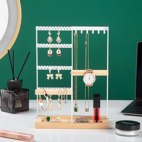 lengnoyp Jewelry Organizer Stand, Jewelry Holder, Lengnoy 4 Tier Earring Holder with 48 Holes and 6 Hooks Necklace Organizer Wood Box for Necklace Bracelet Earring Ring, White - Image 3