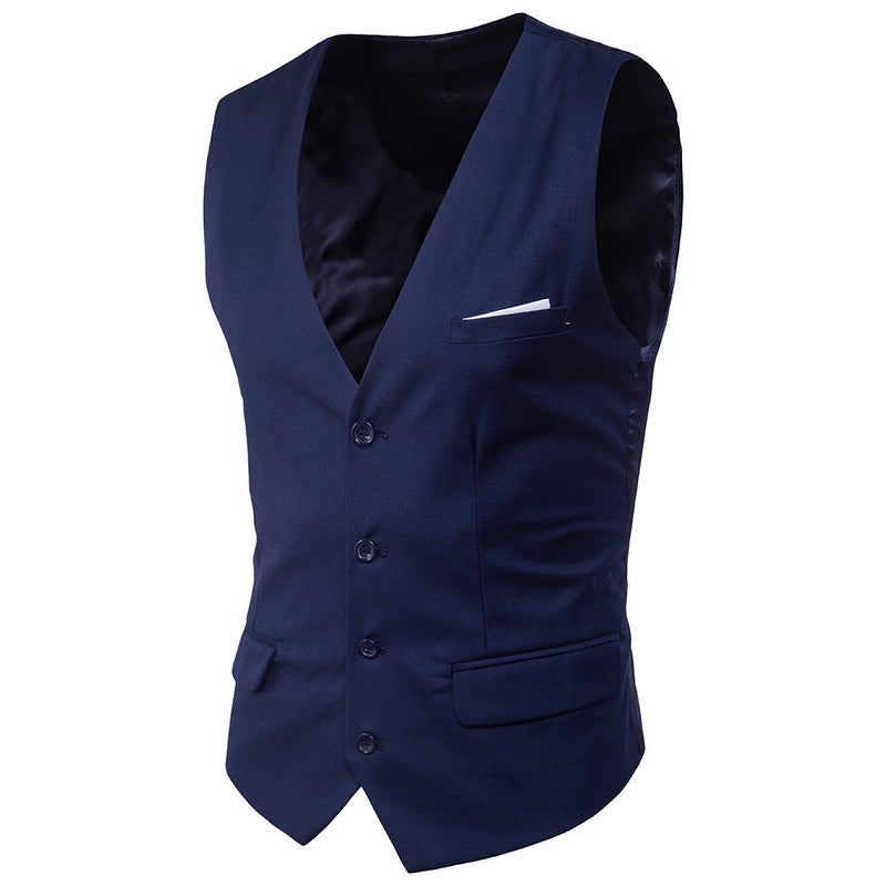 2021 Foreign Trade Cross-border New Mens Casual Slim Sleeveless Vest Korean Business Dress Solid Color Suit Vest Navy 