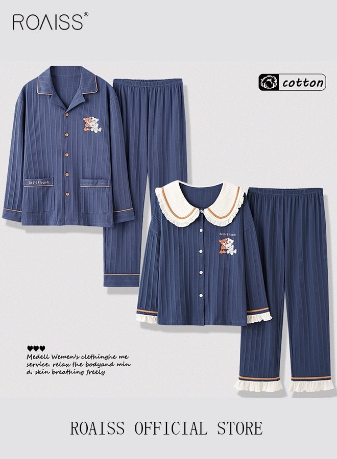 roaiss طقم بيجامات للزوجين ملابس نوم بأكمام طويلة للرجال والنساء، ملابس نوم لطيفة بمقاس كبير للربيع والخريف، هدية لصديقها وصديقتها وزوجها - Image 2