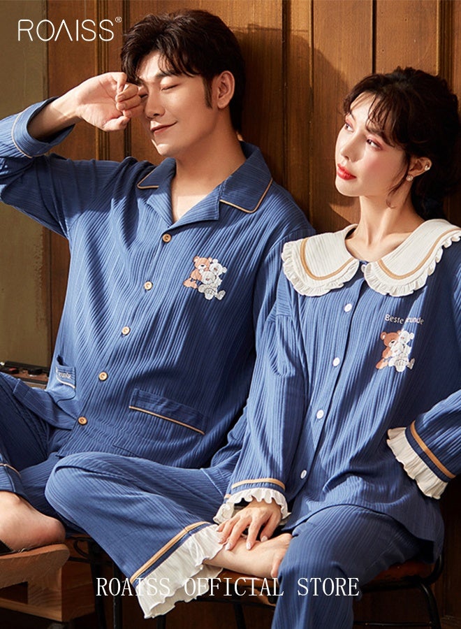 roaiss طقم بيجامات للزوجين ملابس نوم بأكمام طويلة للرجال والنساء، ملابس نوم لطيفة بمقاس كبير للربيع والخريف، هدية لصديقها وصديقتها وزوجها - Image 5