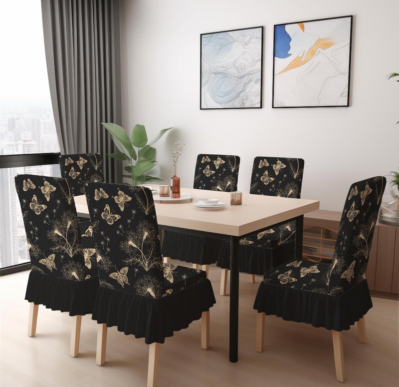 BRIDA Stretchable Floral Geometric Printed Dining Chair Covers Frill Skirt Elastic Chair Seat Case Protector, Slipcovers (6 Chair Cover, Black Butterfly),Polyester;Polyester Blend - Image 1
