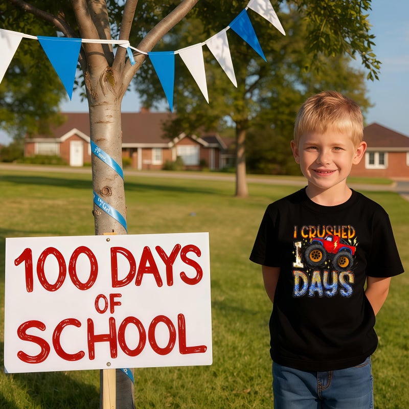 YWAGK 100 Days of School Shirt Boys Kids I Crushed 100th Day of School T-Shirt Toddler Cute Monster Truck Tops Black (7-8 Years) - Image 3
