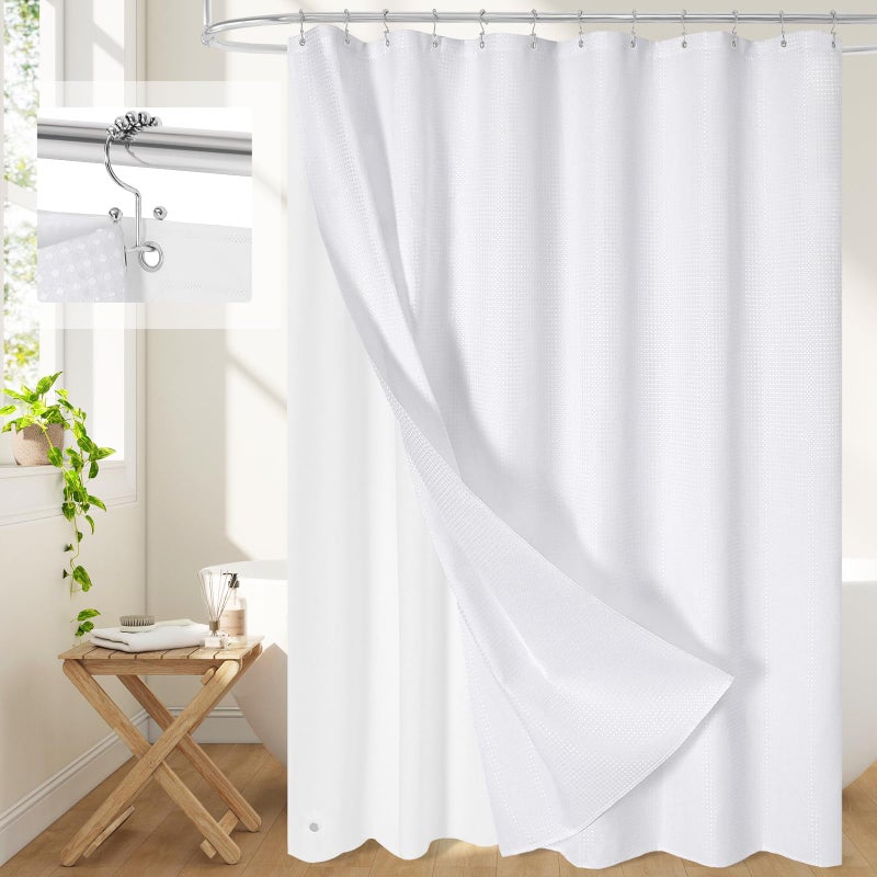 Craidlela 3-in-1 White Waffle Shower Curtain Set, Waterproof Fabric Modern Shower Curtain with PEVA Liner & 12 Stainless Steel Double-Sided Hooks, Hotel Style Bathroom Decor, 72 x 72 - Image 1