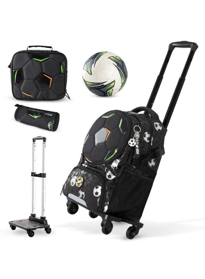 Eazy Kids Footballer Backpack Set w/ Complimentary Football & 4-Wheel School Bag Trolley – Black - Image 1