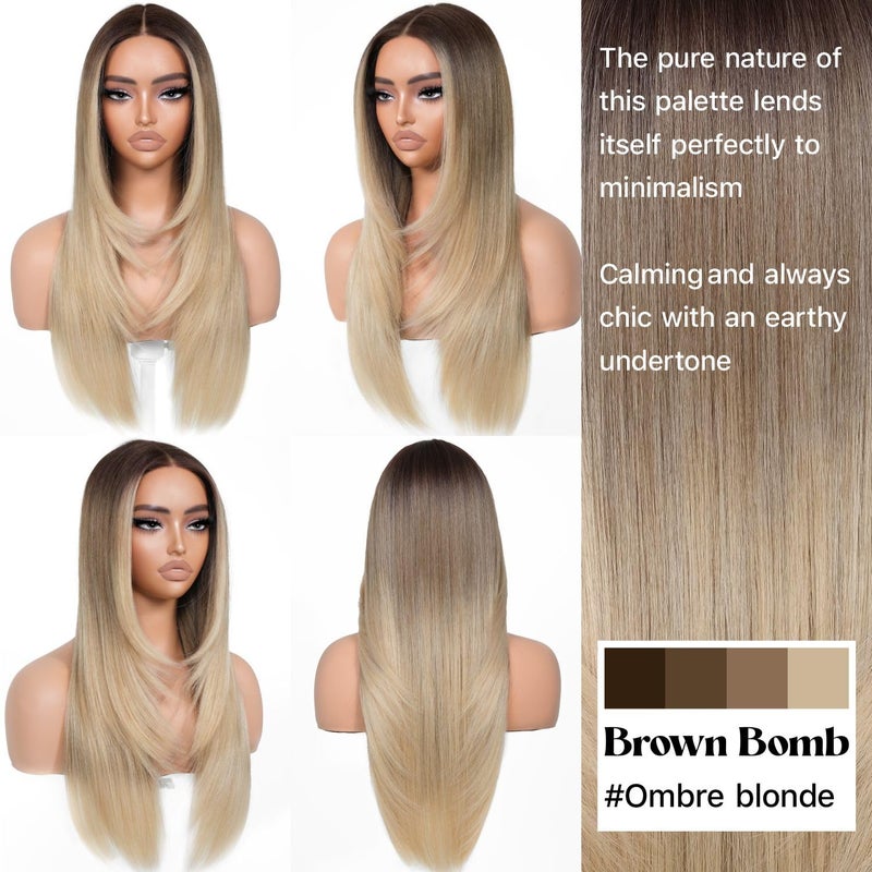 BrownBomb Ombre Blonde Wear and Go Glueless Wigs Pre Plucked Pre Cut for Beginners Synthetic Lace Front Wigs With Bangs Blonde Long Layered Straight Wigs 26 Inch 3 Seconds to Wear for Beginners - Image 3