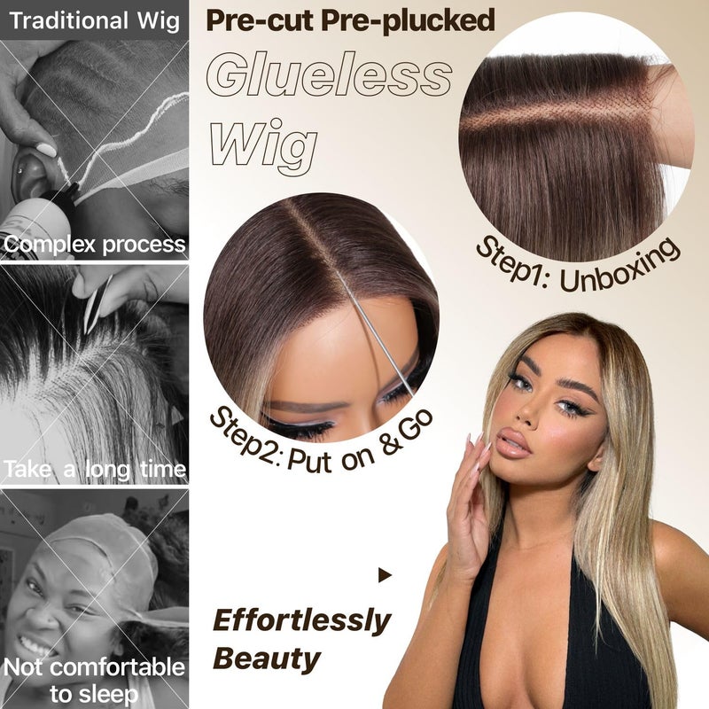 BrownBomb Ombre Blonde Wear and Go Glueless Wigs Pre Plucked Pre Cut for Beginners Synthetic Lace Front Wigs With Bangs Blonde Long Layered Straight Wigs 26 Inch 3 Seconds to Wear for Beginners - Image 5