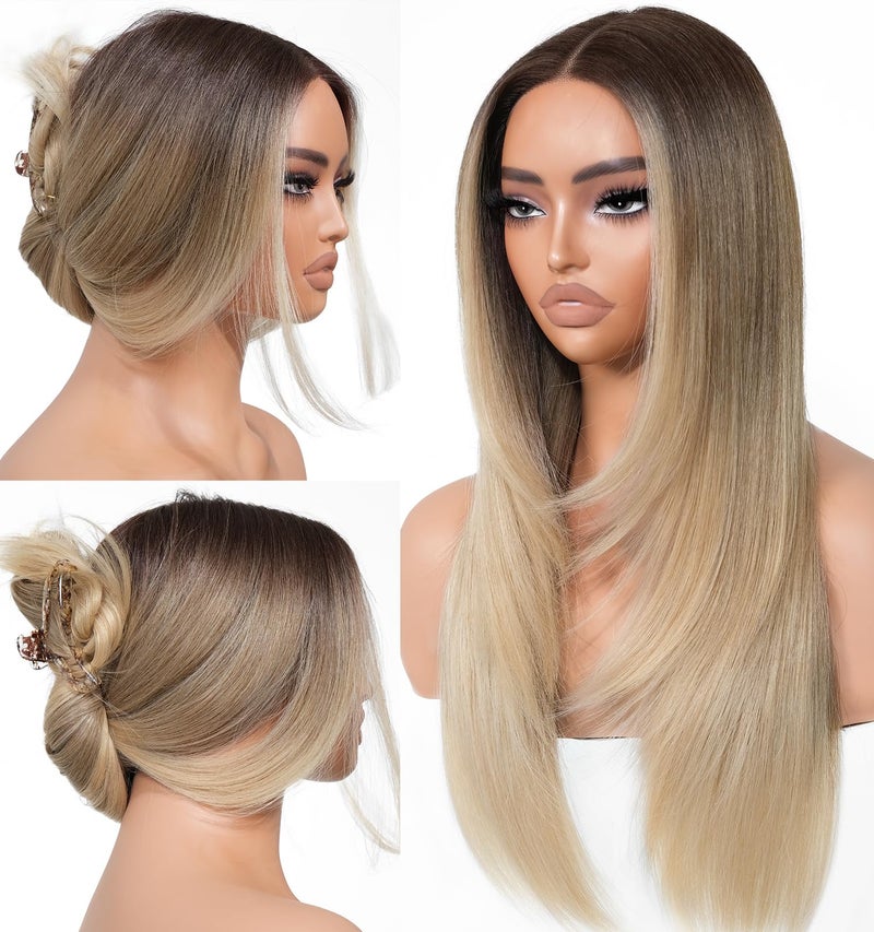 BrownBomb Ombre Blonde Wear and Go Glueless Wigs Pre Plucked Pre Cut for Beginners Synthetic Lace Front Wigs With Bangs Blonde Long Layered Straight Wigs 26 Inch 3 Seconds to Wear for Beginners - Image 1