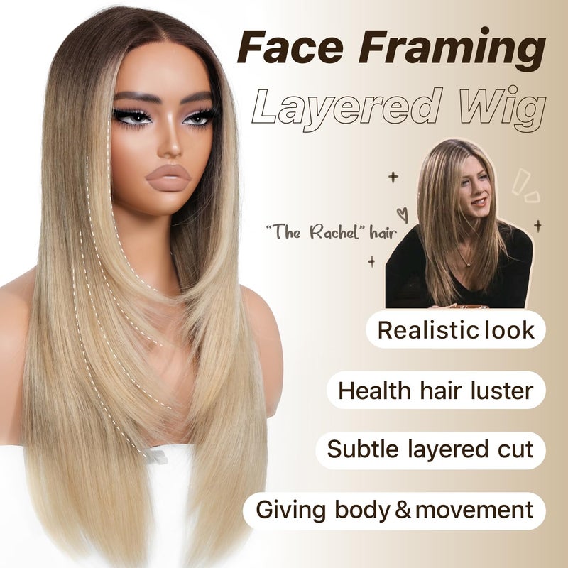 BrownBomb Ombre Blonde Wear and Go Glueless Wigs Pre Plucked Pre Cut for Beginners Synthetic Lace Front Wigs With Bangs Blonde Long Layered Straight Wigs 26 Inch 3 Seconds to Wear for Beginners - Image 2