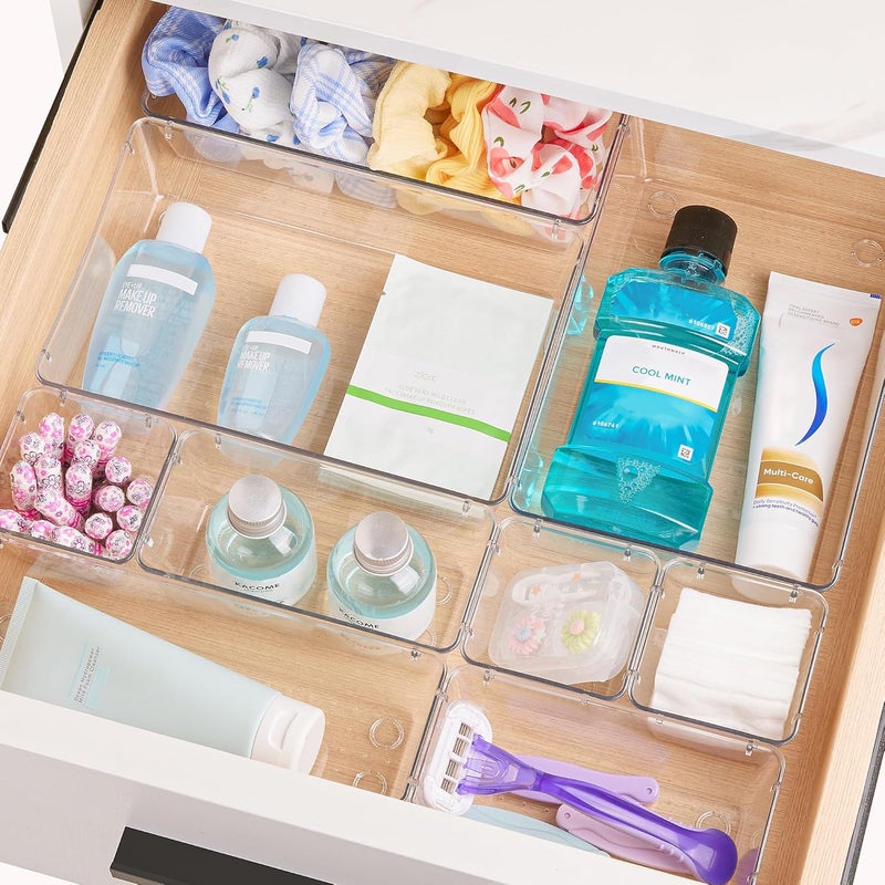 28 PCS Clear Plastic Drawer Organizers Set, 4-Size Bathroom and Vanity Drawer Organizer Trays, Acrylic Storage Bins for Toiletries, Makeup, Cosmetic, Kitchen Utensils, Tool, Gadgets - Image 5