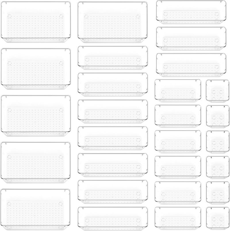 28 PCS Clear Plastic Drawer Organizers Set, 4-Size Bathroom and Vanity Drawer Organizer Trays, Acrylic Storage Bins for Toiletries, Makeup, Cosmetic, Kitchen Utensils, Tool, Gadgets - Image 1