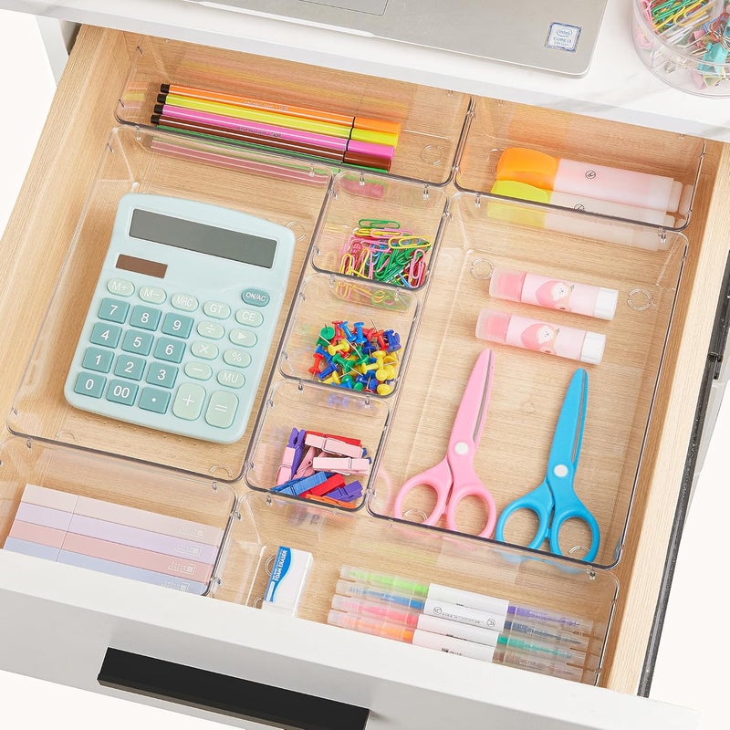 28 PCS Clear Plastic Drawer Organizers Set, 4-Size Bathroom and Vanity Drawer Organizer Trays, Acrylic Storage Bins for Toiletries, Makeup, Cosmetic, Kitchen Utensils, Tool, Gadgets - Image 4