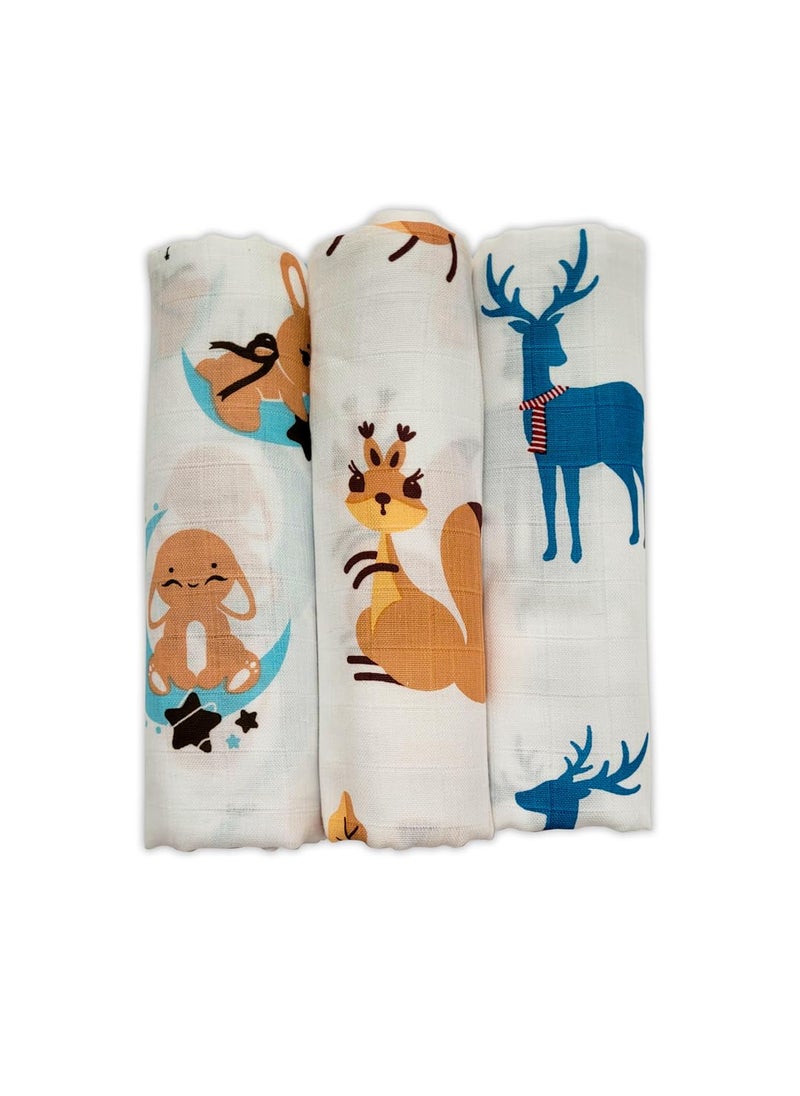 Kridlo Kridlo 100 Cotton Swaddle Wrap for Newborn Baby Pack of 3 Soft and Breathable 90 x 90 cm SkinFriendly Adorable Designs Brown Squirrel Blue Moon Teal Dancing Deer Ideal for 02 Years 