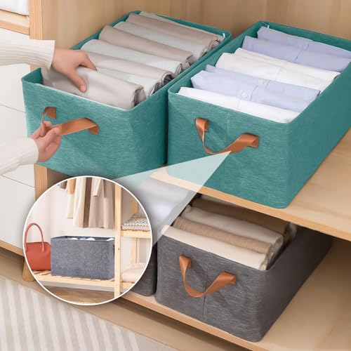 CANWAY 4 Pieces Wardrobe Organizer, 26L Foldable Clothes Organiser with Handles for Closet, Drawer & Shelf | Cloth Box for Clothes & Blankets | 47×27×20 cm (Green) - Image 2