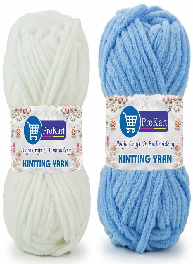 ProKart Super Stitch Knit Yarn | 200g Combo Pack | Blankie Wool, Plush & Cuddly, Chenille Yarn Supersoft Hand Knitting Wool Ball | Suitable for Hand Knitting and Crocheting for Baby, Blankets, Babywear & Craft - 2 Balls (1 Ball/100 Gram Each) (White & Baby Blue) - Image 1