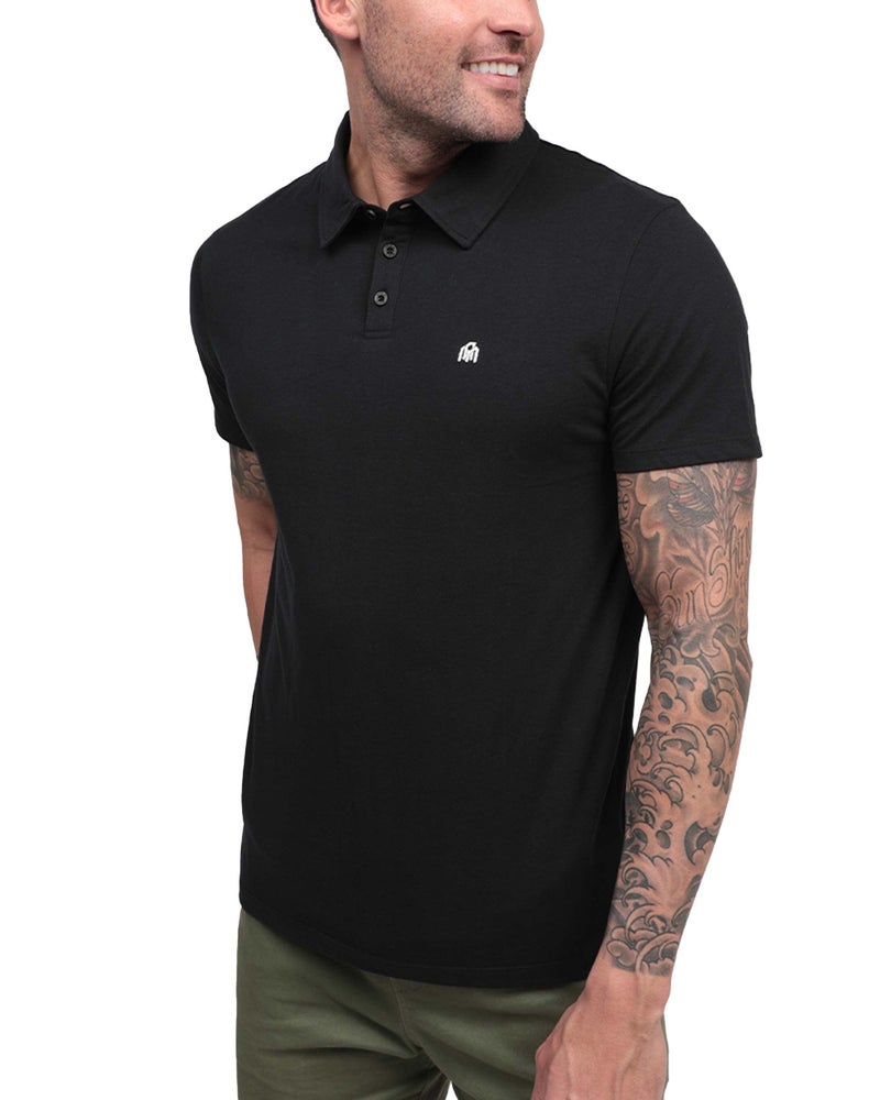 INTO THE AM Polo Shirts for Men Fitted Short Sleeve Collared Shirt Men Soft Cotton Blend Mens Polos (Black, Large) - Image 1