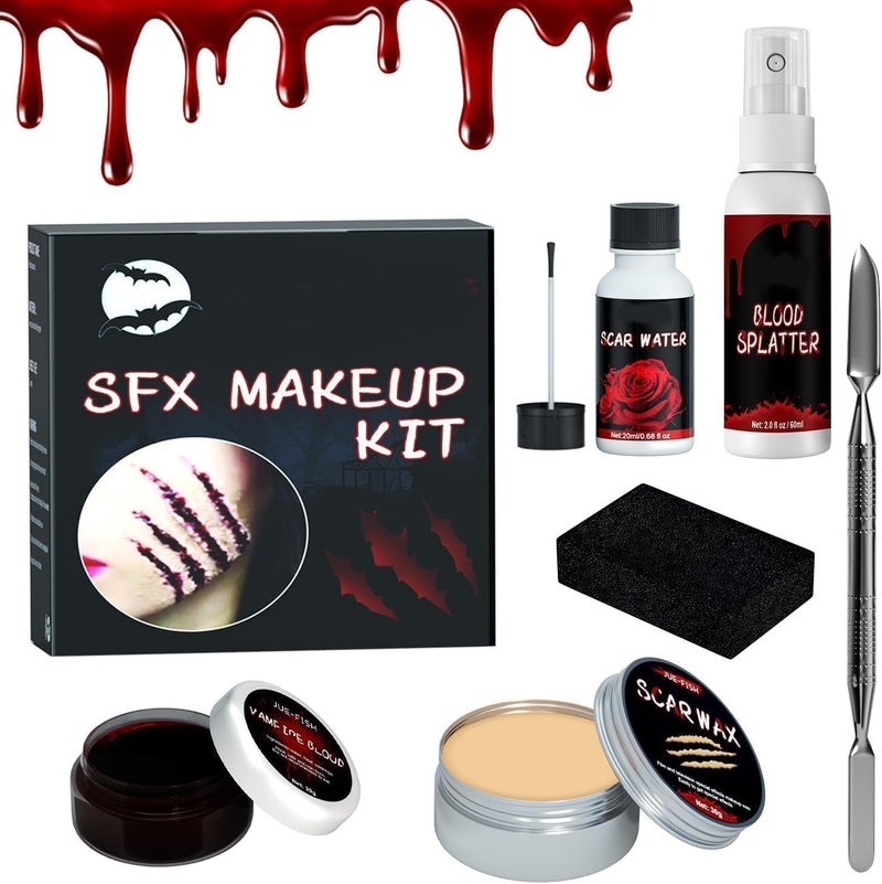 Special Effects Halloween Makeup Set, Makeup Kit- Skin Wax+Scratch Sponge*3+Adjust The Knife+Plasma Spray+Scarring Water+Blood Cream, Suitable for Halloween, Festival Stage, Cosplay - Image 1