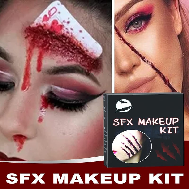 Special Effects Halloween Makeup Set, Makeup Kit- Skin Wax+Scratch Sponge*3+Adjust The Knife+Plasma Spray+Scarring Water+Blood Cream, Suitable for Halloween, Festival Stage, Cosplay - Image 4