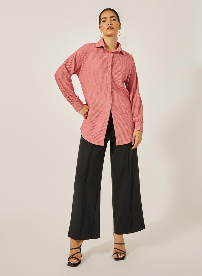 Styli Textured Knit Oversized Shirt with Raglan Sleeves - Image 2