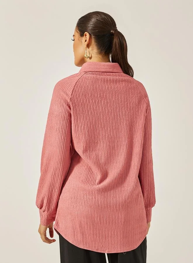 Styli Textured Knit Oversized Shirt with Raglan Sleeves