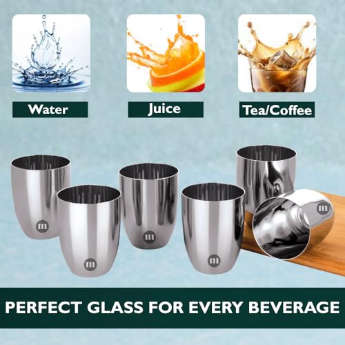 MARU Mini Double Wall Tea Glasses Set, Small Stainless Steel Cups with Lids Coaster - 120ml Each, Small Steel Glass for Kids and Adults, Ideal Chai, Milk & Coffee (Set of 6 (Single Wall), 300ml) - Image 3