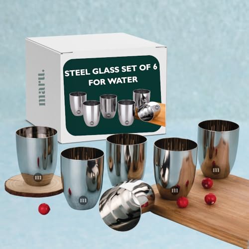 MARU Mini Double Wall Tea Glasses Set, Small Stainless Steel Cups with Lids Coaster - 120ml Each, Small Steel Glass for Kids and Adults, Ideal Chai, Milk & Coffee (Set of 6 (Single Wall), 300ml) - Image 1